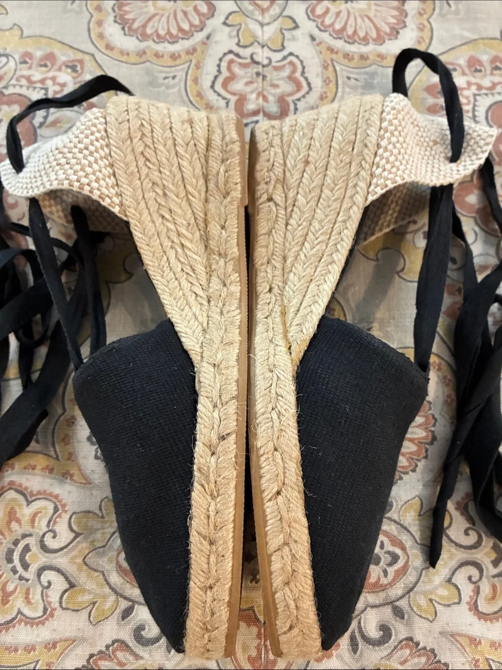 Womens Black Canvas Espadrille Tie-Up Wedge